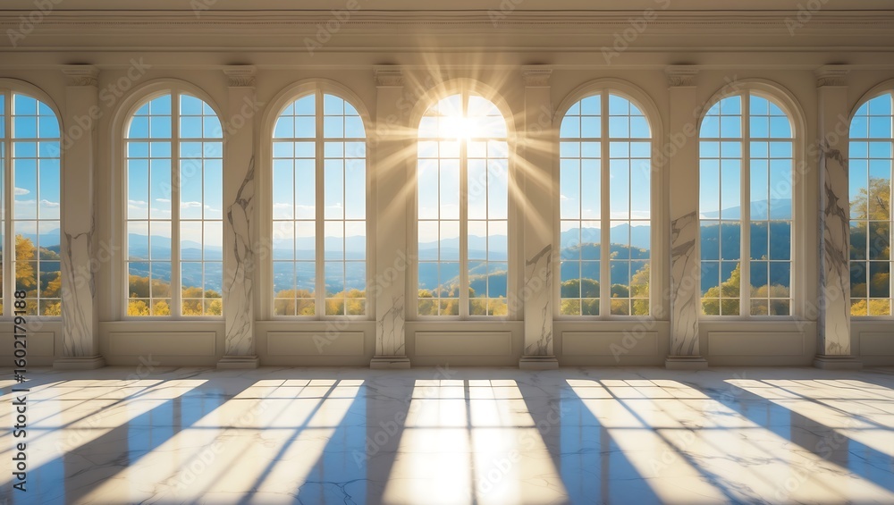 Fototapeta premium Sunlight streams through grand arched windows illuminating a spacious room with a scenic view