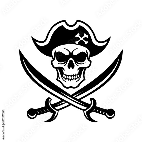 Pirate skull with two sabre graphic logo design 