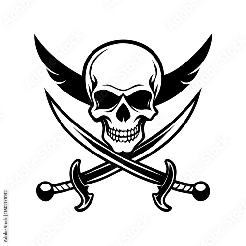 Pirate skull with two sabre graphic logo design 