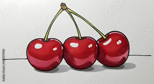 A vibrant pop art illustration of three glossy red cherries in a retro comic book style. Hand-drawn graphic fruit sketch.