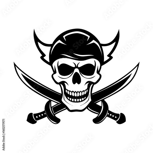 Pirate skull with two sabre graphic logo design 