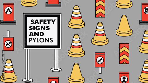 Illustration featuring a safety sign with pylons and various traffic safety signs on a gray background