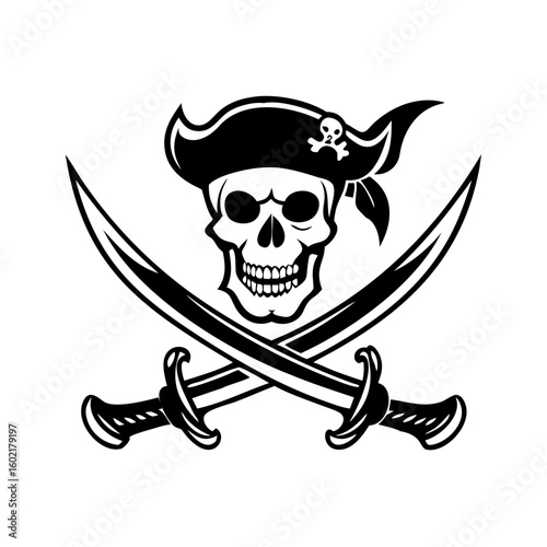 Pirate skull with two sabre graphic logo design 