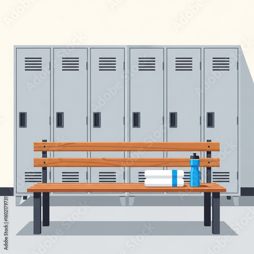 A bench with a water bottle and towel sits in front of a row of lockers.
