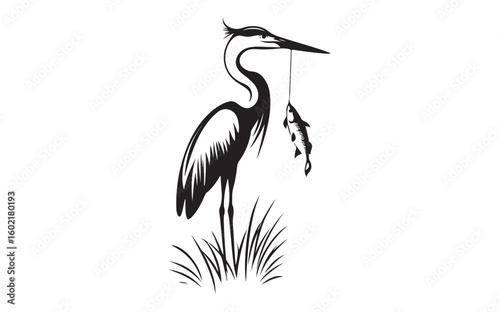 Fototapeta premium Heron Silhouette with Fish Elegant Bird Vector Art Design