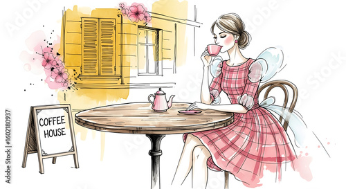 A fashionable woman in a pink dress enjoys a drink at a Parisian cafe. Hand-drawn color pencil and watercolor sketch illustration.