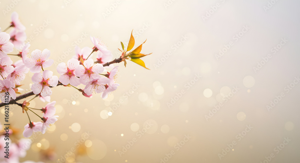 Fototapeta premium Delicate pastel cherry blossoms blooming on a branch against a soft, misty background with golden bokeh lights.