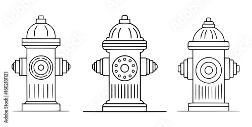Three fire hydrants illustrated in black outline water emergency
