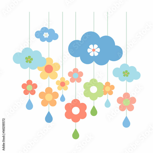 Pastel Clouds and Flowers Mobile Illustration for Nursery Decor and Childrens Designs featuring whimsical shapes and soft colors