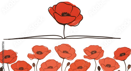 Artistic illustration of a single red poppy blooming from an open book, with a field of poppies below. Minimalist design.