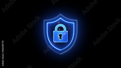 Glowing security shield icon with lock icon isolated . neon lock icon, data security icon animation , neon sign .