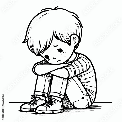 outline doodle illustration of a sad, seated boy, ideal for websites or blogs addressing childhood sadness, emotional well-being, bullying awareness, or mental health support