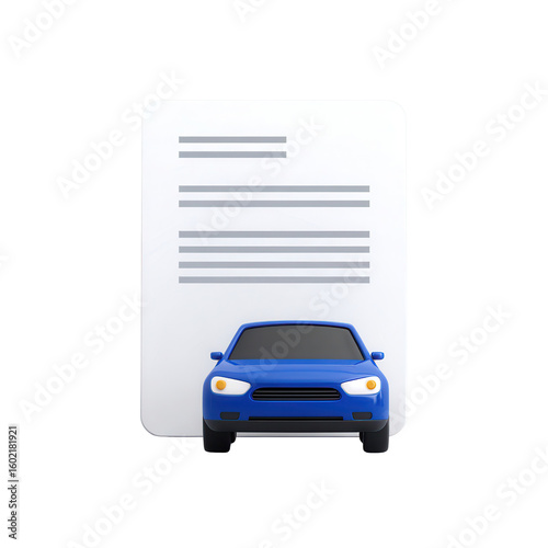 Car insurance document icon blue car front white paper 3D illustration isolated vehicle protection transportation legal safety modern clean minimal digital concept