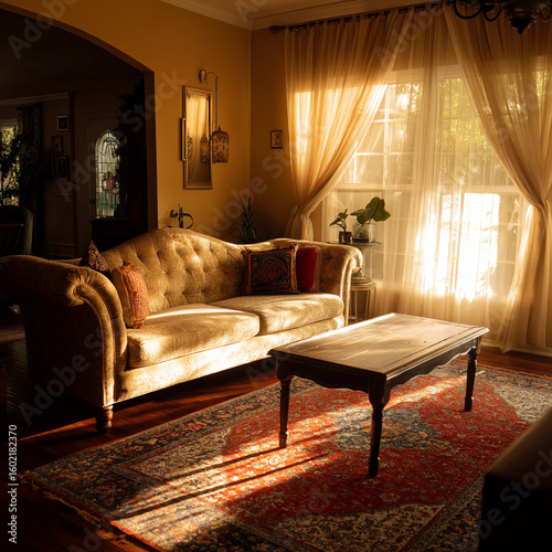 Wide angle shot of living room with sofa, rug, center table, and light coming through curtain