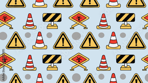 Seamless pattern featuring construction cones warning signs and road blockades on a light blue background