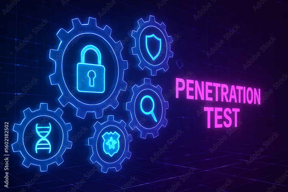 Obraz premium 3D digital illustration of cogwheels with cyber defense icons and central padlock labeled 'Penetration Test', representing advanced software testing lifecycle in secure digital infrastructure 