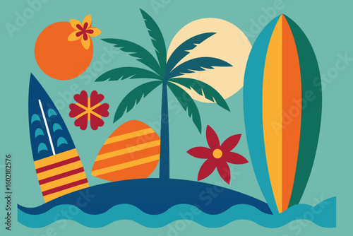 Minimalistic vector illustration of palm trees, surfboards, sea and tropical holiday mood