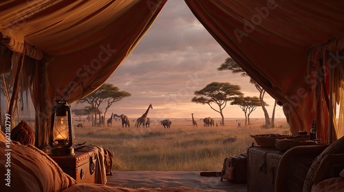 Sunrise view of African savanna wildlife from within a luxurious safari tent, showcasing giraffes, elephants, and acacia trees at dawn.  A vintage-style lantern and luggage are visible inside