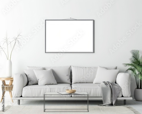 A modern living room with a white sofa. a coffee table. a rug. and a blank picture frame on the wall