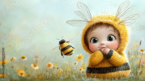 Little boy in a bumblebee costume with tiny black wings and yellow stripes in a pretty garden with flowers.