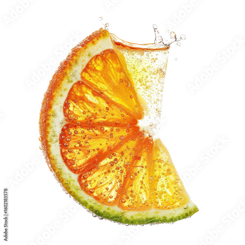 Vibrant orange slice with water droplets and splashes
