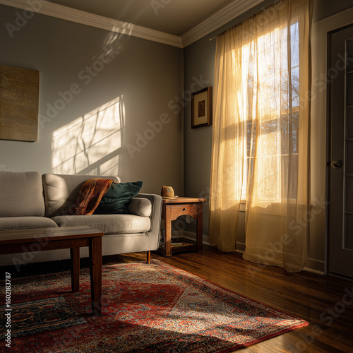 Wide angle shot of living room with sofa, rug, center table, and light coming through curtain