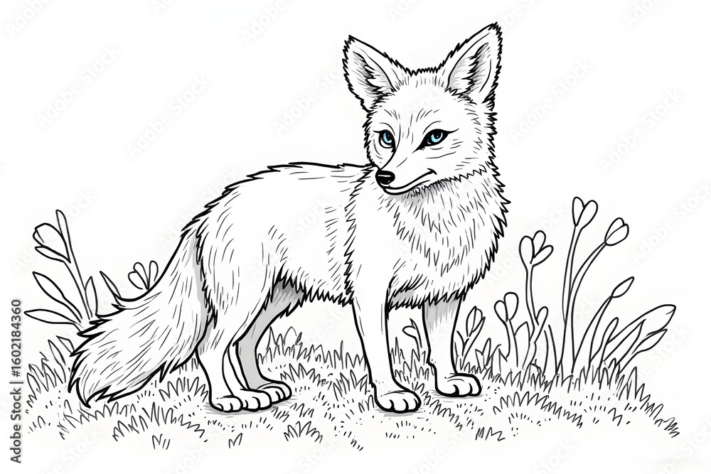 Fototapeta premium Fox Standing in Grass, Illustration with Blue Eyes