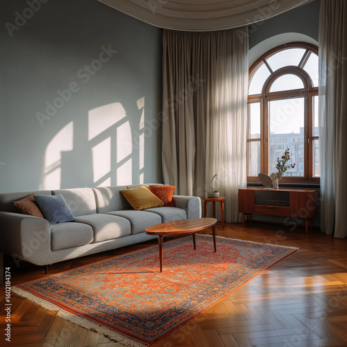 Wide angle shot of living room with sofa, rug, center table, and light coming through curtain
