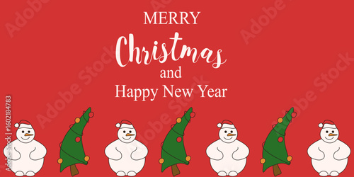 Merry Christmas and happy New Year banner. Vector illustration of silly snowman and Christmas tree Frame with greeting inscription. Perfect Xmas web banner placard background. EPS 10