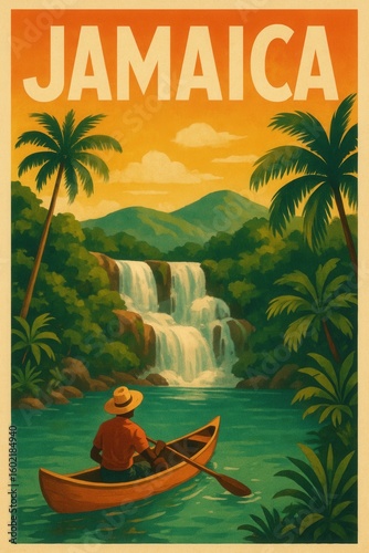 Fototapeta Naklejka Na Ścianę i Meble -  A man in a straw hat rows a wooden canoe on a turquoise river beneath a lush jungle waterfall surrounded by palm trees and forested mountains in Jamaica