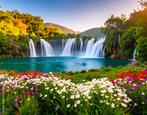 Majestic Waterfall with Spring Flowers.