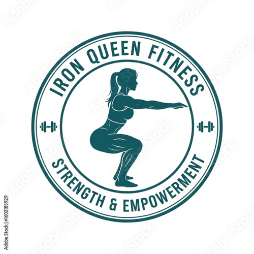 A teal-colored logo featuring a woman in a squat position, promoting fitness and empowerment.