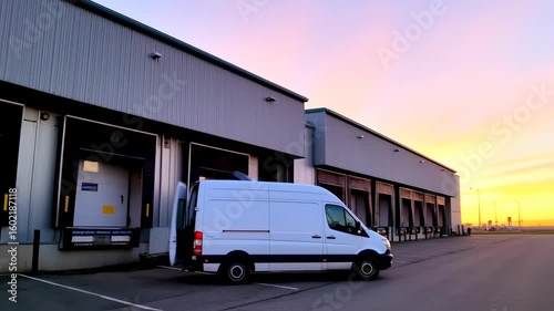 Sunset Delivery: White Van at Modern Warehouse Loading Docks