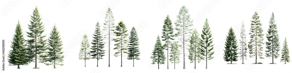 Obraz premium Watercolor Pine Tree Forest Collection Isolated on White
