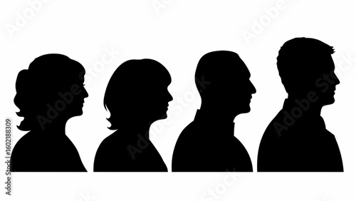 Silhouettes of four people in profile view against a white background showing diverse hairstyles and necklines