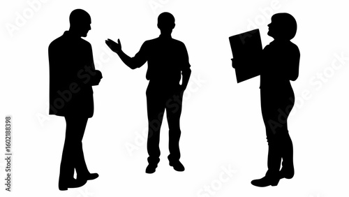 Silhouette of three people standing and interacting in a business setting with one holding a document