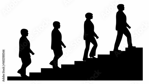 Silhouettes of people ascending a staircase representing growth and progress in a business or career path