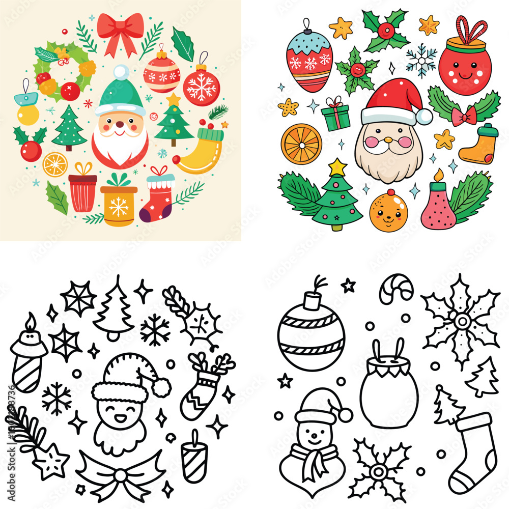Fototapeta premium Cute Circular Christmas Illustrations — Santa, Snowman, Ornaments & Festive Holiday Patterns