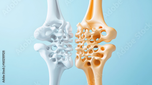 Bone density comparison healthy and osteoporotic bone structure with porous texture on blue background