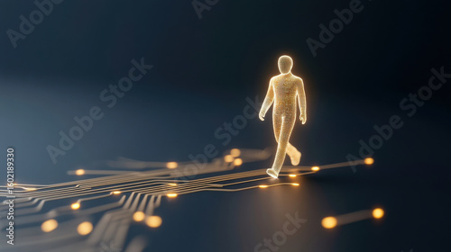 Transparent figure silhouette walking across glowing digital circuit board with bright light points in dark background