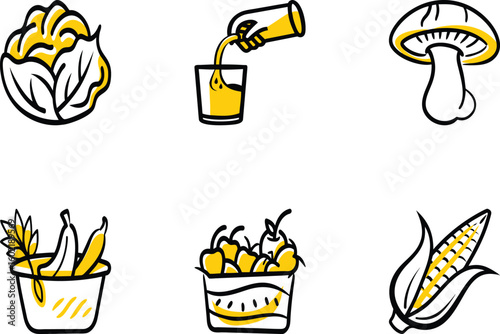 Vector art of a collection of six simple handdrawn icons representing various food items isolated on a white background