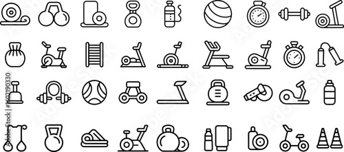 Gym Equipment' icon set, weight training, body care, and workout vector illustration