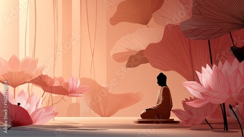 Serene Buddha Silhouette Amidst Soft Lotus Flowers in Calm Space