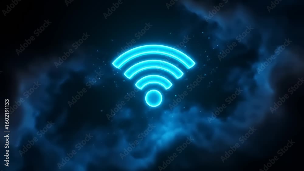Glowing blue Wi-Fi symbol illuminated against a cosmic background with swirling dark clouds