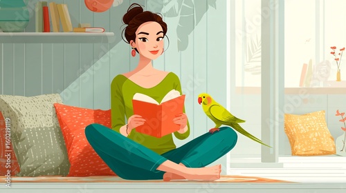 Woman Reading Book with Parakeet in Cozy Indoor Space