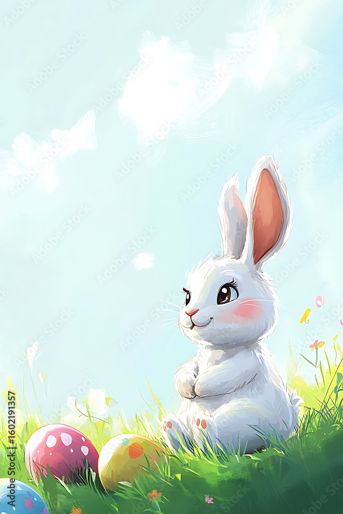 Fototapeta premium Cute white rabbit sitting in a grassy field surrounded by colorful Easter eggs under a blue sky