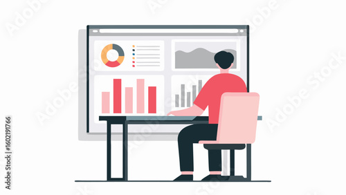 Man sitting at desk viewing data charts and graphs on a large computer screen in a modern office