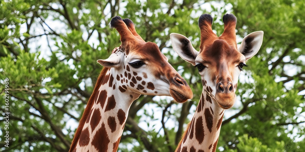 Obraz premium Two giraffes stand close together with lush green trees in the background