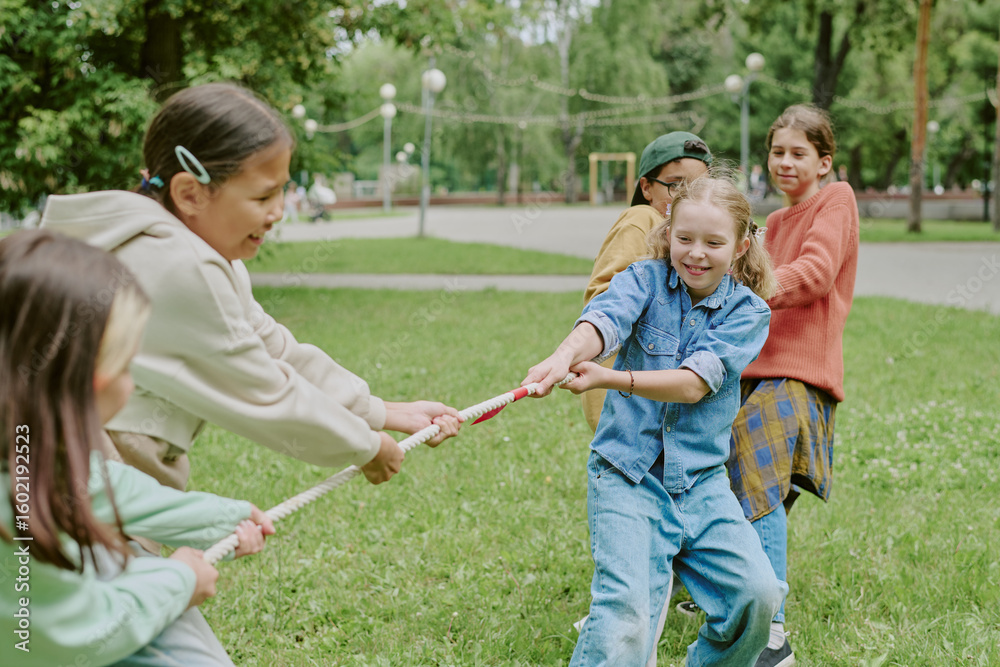 Fototapeta premium Group of multiethnic children playing tug of war in park, children pulling rope and smiling, green grass and trees in background