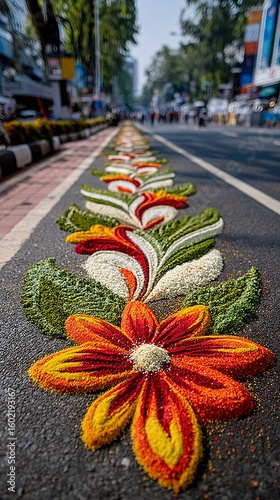 Vibrant Flower Rangoli Design on City Road for Festival Celebration